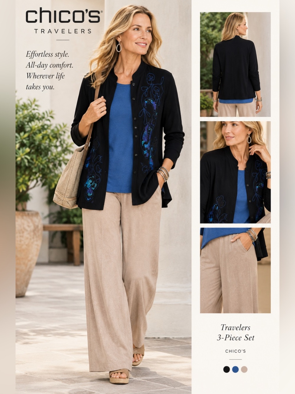 Chicos Travelers 3 Piece pants Set outfit art to wear slinky embroidered Sz 2|L
